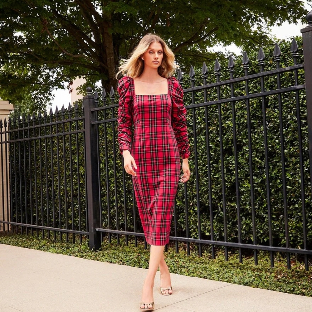 ELENA PLAID LONG RUCHED SLEEVE DRESS